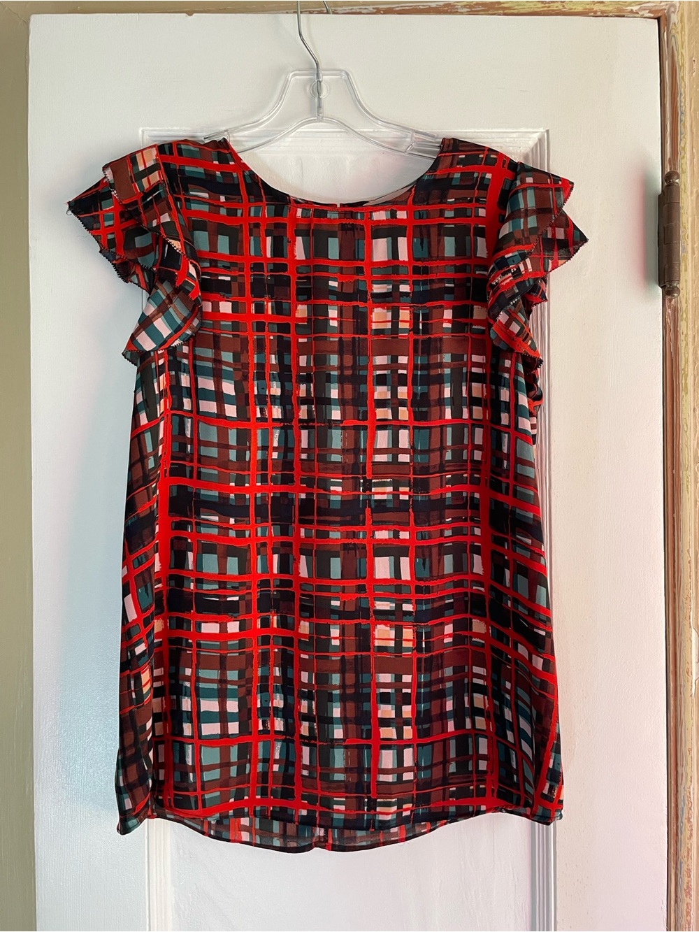 Philosophy Medium Women's Reddish Orange Plaid Flutter Sleeve Top